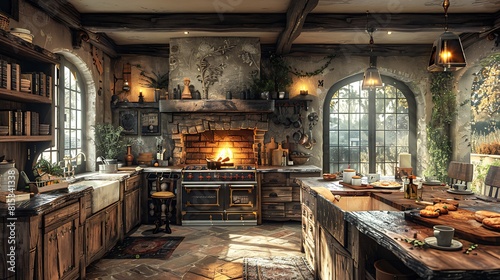 A panoramic view of a farmhouse kitchen with long weathered wooden counters, a large farmhouse sink, and a cozy fireplace in the background. photo