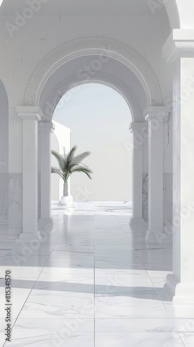 Clean white marble sanctuary minimalist design with walkway poles and arch entrance
