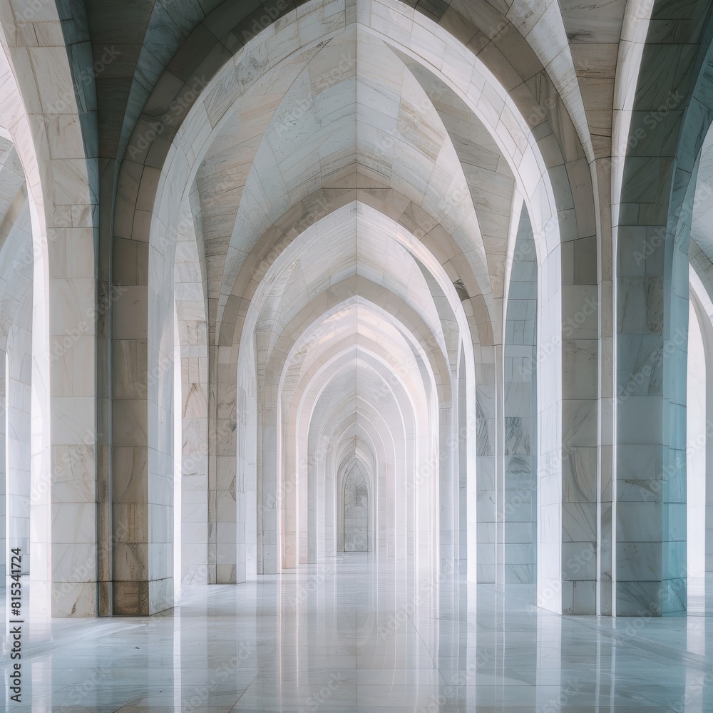 Cathedral interior with minimalist marble arches bathed in soft diffused light