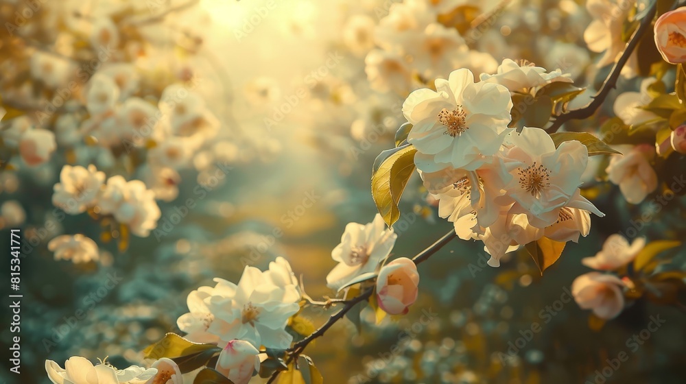 The image shows a beautiful close-up of a cherry blossom tree in full bloom The image shows a beautiful close-up of a cherry blossom tree in full bloom