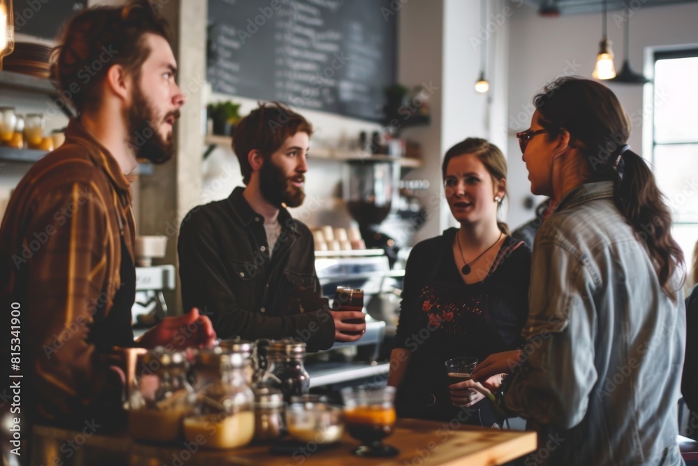 Group of young people in a coffee shop, drinking coffee and talking.