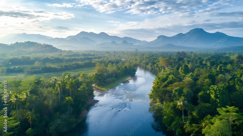 Beautiful natural scenery of river in southeast Asia tropical green forest  with mountains in background aerial view drone shot : Generative AI