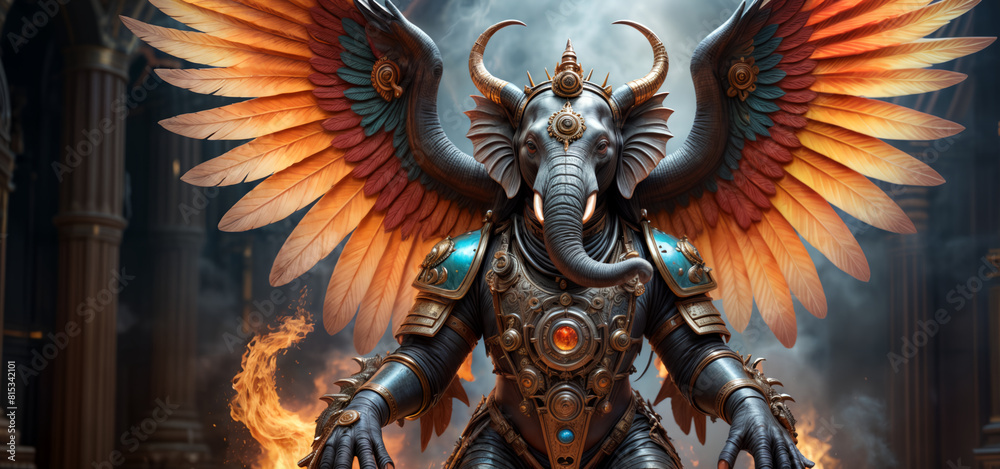 Fototapeta premium Steampunk elephan style Garuda bird facing the camera spreading its wings, around the Garuda bird there are two dragons in the style of spitting fire