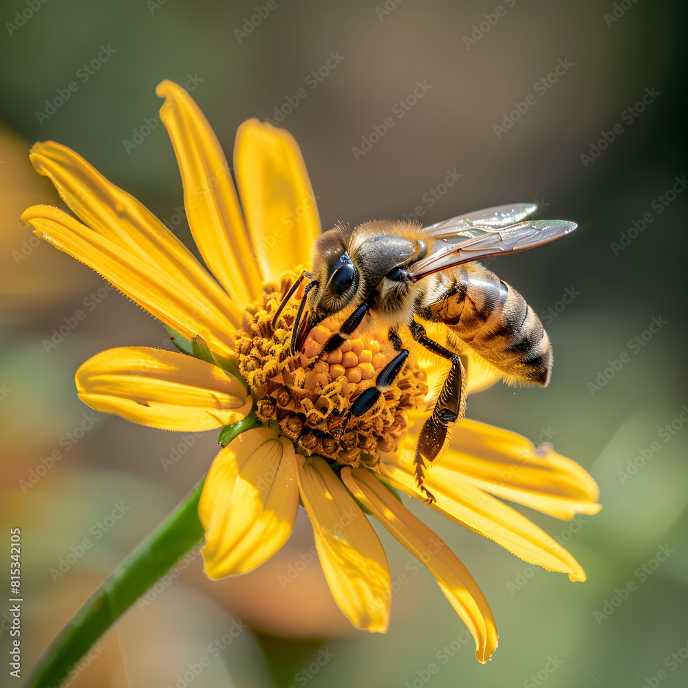 Close up of a large striped bee collecting honey on a yellow flower on a sunny bright day. Suitable for nature, wildlife, and ecology-related themes. Close up of a large striped bee collecting honey on a yellow flower on a sunny bright day. Suitable for nature, wildlife, and ecology-related themes.