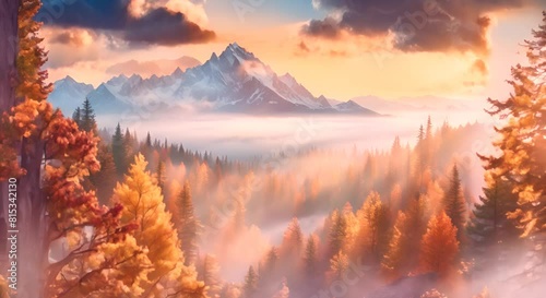 beautiful mountain landscape with autumn forest. Amazing mystical fog forest landscape. seamless looping overlay 4k virtual video animation background photo