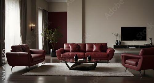 Luxury maroon interior living room with modern minimalist Italian style furniture.