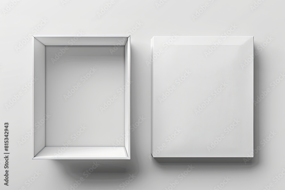 Realistic box top view. Open white package mockup cardboard closed gift box blank paper pack. Square container vector design template Realistic box top view. Open white package mockup cardboard closed gift box blank paper pack. Square container vector design template