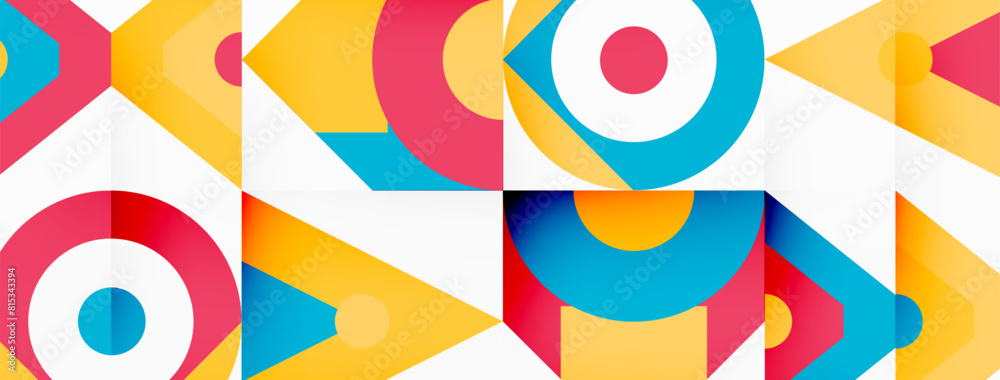 A vibrant geometric design featuring circles, arrows, and triangles in various tints and shades on a white background, reminiscent of a creative arts painting A vibrant geometric design featuring circles, arrows, and triangles in various tints and shades on a white background, reminiscent of a creative arts painting