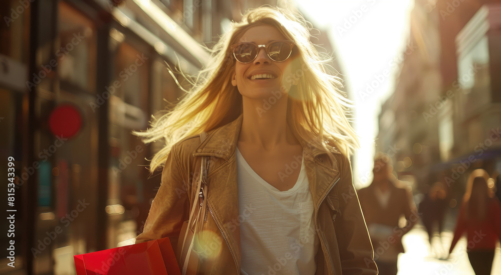 Portrait of happy smiling young woman with shopping bags walking down the street in city, wearing sunglasses and beige jacket. Beautiful blonde girl enjoying luxury fashion shoping at sunny day