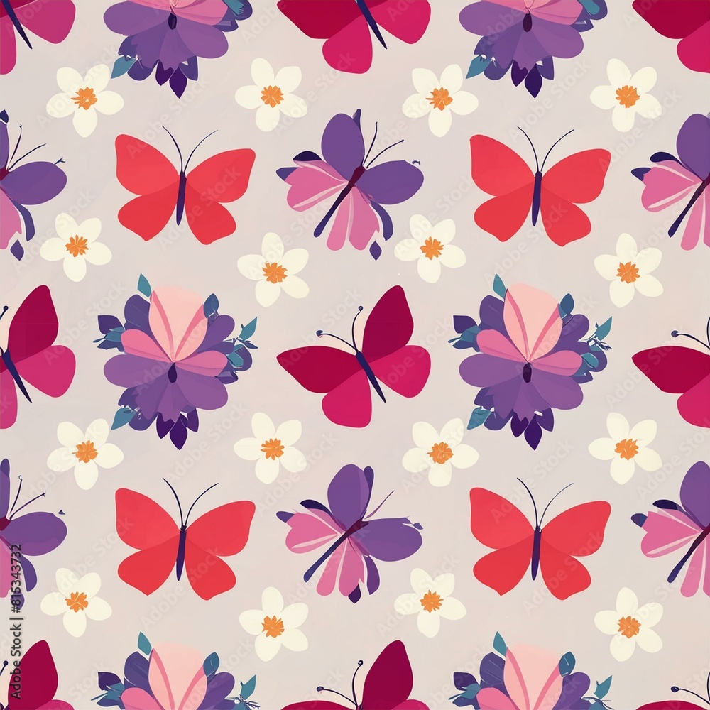 Fototapeta premium elegant seamless pattern with butterflies and blooming flowers and trees. color 