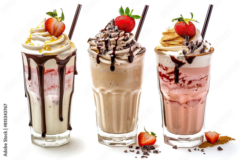 Set of fresh various delicious milkshakes or smoothies top vies isolated on white background. Strawberry vanilla and chocolate flavor