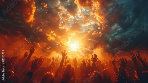 Hands to heaven, group of people with their hands up looking at the sunset,generative ai #815343733