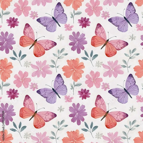 elegant seamless pattern with butterflies and blooming flowers and trees. color 