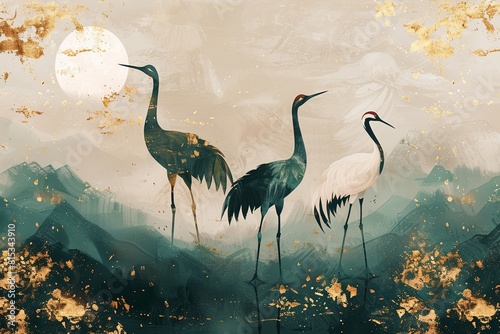 Cranes seen standing in nature photo