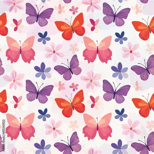 elegant seamless pattern with butterflies and blooming flowers and trees. color 