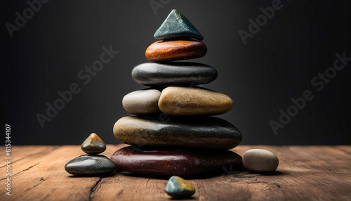 Balanced Stone Stacks on Wooden Surface. Two towers of smoothly rounded multicolored stones balance carefully atop rustic wood table against blurred black background.