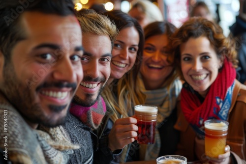 Group of friends drinking beer in a pub or restaurant. Cheerful young men and women drinking beer and having fun.