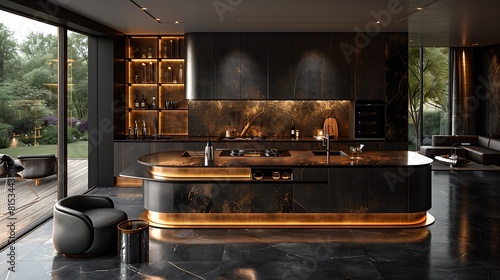 A top-down view of a black and gold kitchen showing the geometric arrangement of the cabinetry and a central gold-rimmed black table.