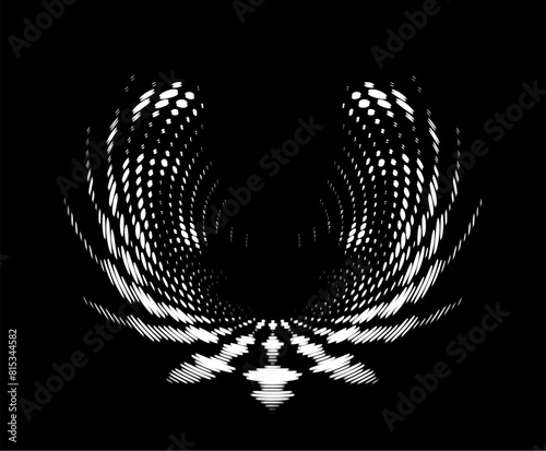 Perforated outline of phoenix wings on black backing. Shift of dotted halftone outline. Imitation of movement, vibration. For logo, brand, frames, edgings, trademarks, stamp, heel. Vector. 