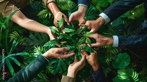 Teamwork and cooperation to conserve the green business forest of growing with plants in the hands of an ecofriendly group or team Collaboration in green business : Generative AI photo
