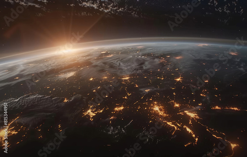 view of Earth from space, with glowing lights on its surface