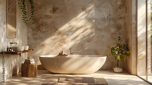 A bathroom with a large tub and plants.