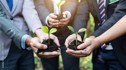 Group of business hands holding young plant on blur green nature backgroundWorld environment day Global community teamworkVolunteer charity work : Generative AI photo