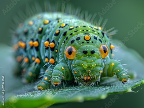 Macro portrait of green caterpillar on leaf, out of focus background, worm with tentacles, poisonous insect，Mesmerizing Macro Portrait of a Green Caterpillar on Leaf: An Awe-Inspiring 4K AI-Generated  © Da