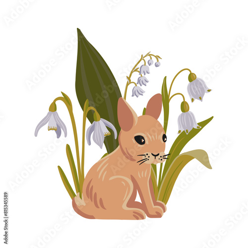 vector drawing sweet baby rabbit and spring flowers, hand drawn animal and flowering plants at white background , cartoon style character