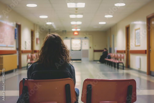 Lonely Waiting Room in Institutional Building with Woman Seen from the Back