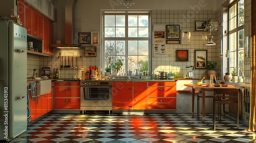 An Art Deco kitchen scene at dusk, with sunset light reflecting off glossy surfaces and casting shadows over geometric patterned floors. photo