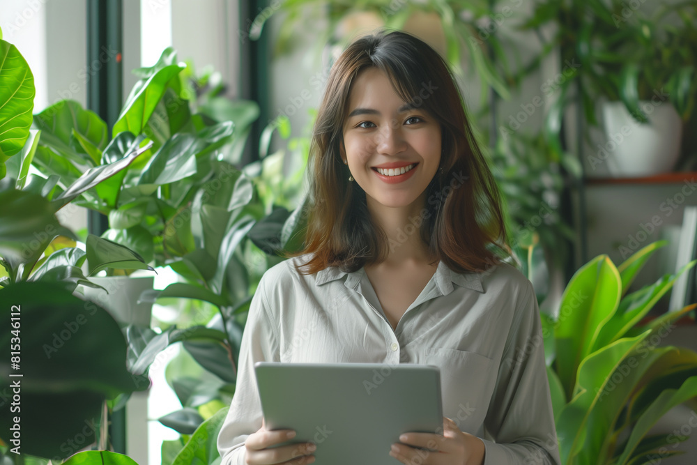 Young Asian businesswoman with a digital tablet in a lush indoor environment, representing the integration of technology and nature in modern workplaces. Concept of green offices and sustainability. Young Asian businesswoman with a digital tablet in a lush indoor environment, representing the integration of technology and nature in modern workplaces. Concept of green offices and sustainability.