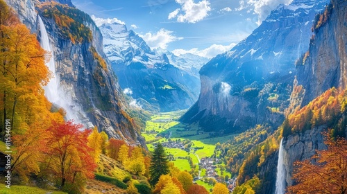 Captivating autumn view of Lauterbrunnen valley with gorgeous Staubbach waterfall and Swiss Alps in the background. Location: Lauterbrunnen village, Berner Oberland, Switzerland, Europe. --ar 16:9 Job photo