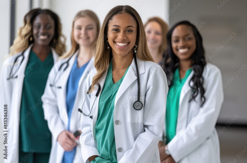 A group of young female doctors in white coats stand together, the backdrop is an office with medical equipment visible on the shelves behind them. They come from different ethnicities A group of young female doctors in white coats stand together, the backdrop is an office with medical equipment visible on the shelves behind them. They come from different ethnicities