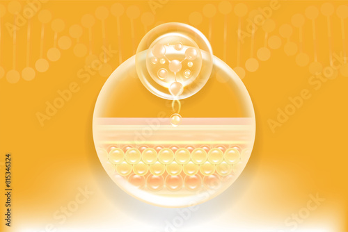 Hyaluronic acid and Niacinamide skin solutions ad. gold collagen serum drops into skin cells with cosmetic advertising background ready to use, illustration vector.	