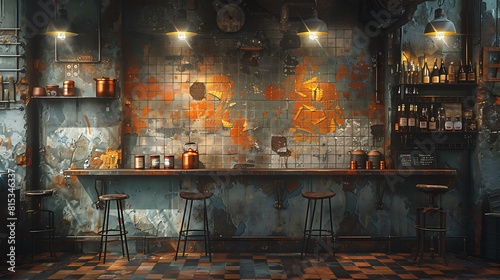 An artistic interpretation of an industrial kitchen focusing on a geometric arrangement of metal stools and copper kitchenware under spotlight.