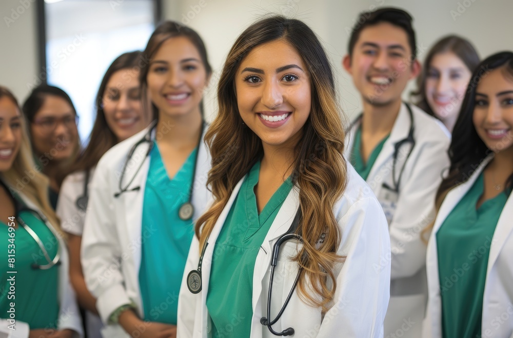A group of young female doctors in white coats stand together, the backdrop is an office with medical equipment visible on the shelves behind them. They come from different ethnicities A group of young female doctors in white coats stand together, the backdrop is an office with medical equipment visible on the shelves behind them. They come from different ethnicities
