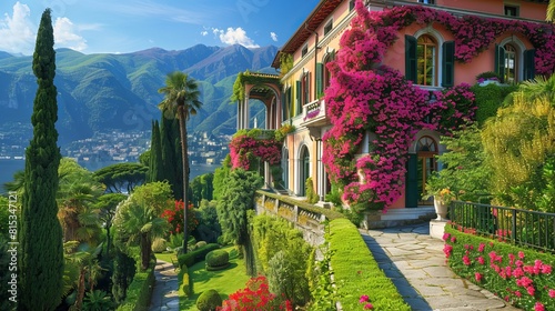 Famous luxury villa Monastero  stunning botanical garden decorated with mediterranean oleander flowers  lake Como  Varenna  Lombardy region  Italy  Europe --ar 16 9 Job ID  8a2b17f8-0141-4ad0-94ad-58a