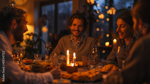 A group of friends enjoy a cozy  candlelit dinner together in a warmly lit room.
