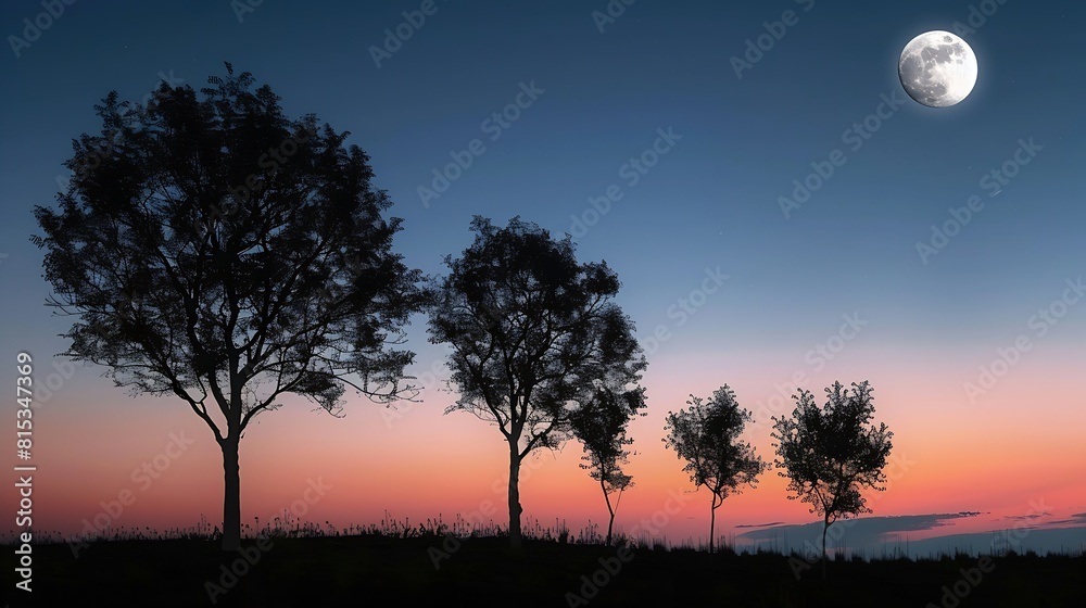 A serene landscape featuring the silhouette of trees against a dusk sky with the setting sun and a rising moon in the backdrop : Generative AI