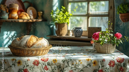 An early morning in a French country kitchen  the sun casting soft shadows over a floral embroidered tablecloth and a rustic bread basket on the table.