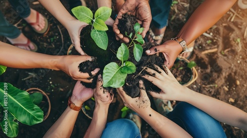 A diverse group of sustainable people holding plants in an eco friendly environment for nature conservation Closeup of hands planting in fertile soil for sustainability and organic far : Generative AI photo