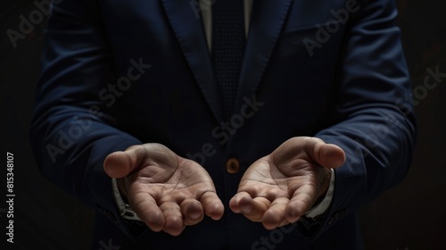 Close-up of a businessman in a dark blue suit, hands open in a welcoming gesture against a textured blue background