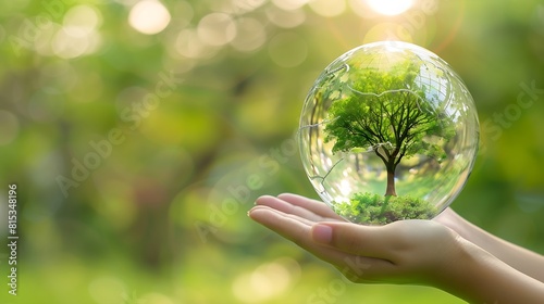 hand holding glass globe ball with tree growing and green nature blur background eco concept : Generative AI