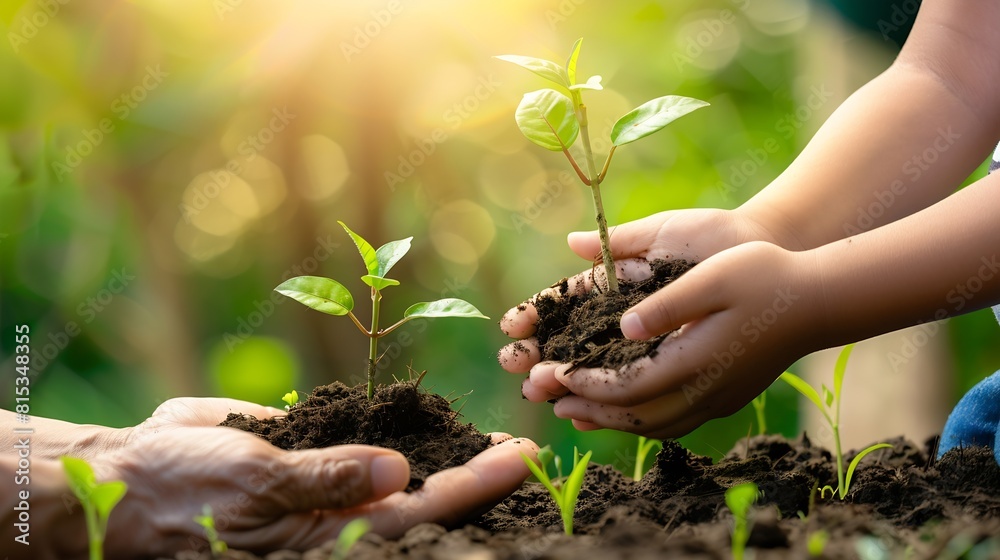 Fototapeta premium Environment Earth Day In the hands of trees growing seedlings Bokeh green Background A mother and kids hand holding tree on nature field grassForest conservation concept Teaching kids : Generative AI
