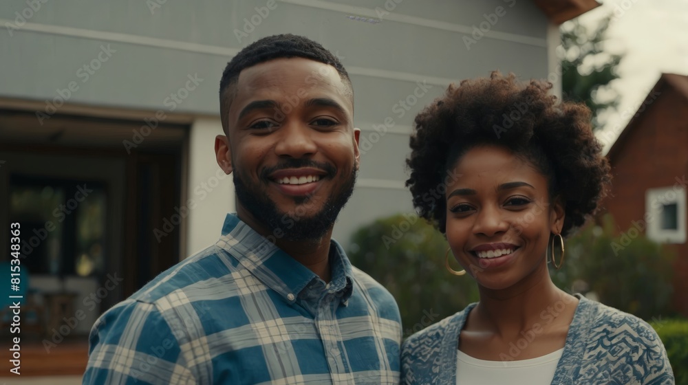 Happy young married black african american couple standing in front of their new house, concept of real estate, house sale buying