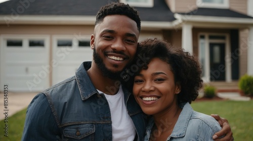 Happy young married black african american couple standing in front of their new house, concept of real estate, house sale buying
