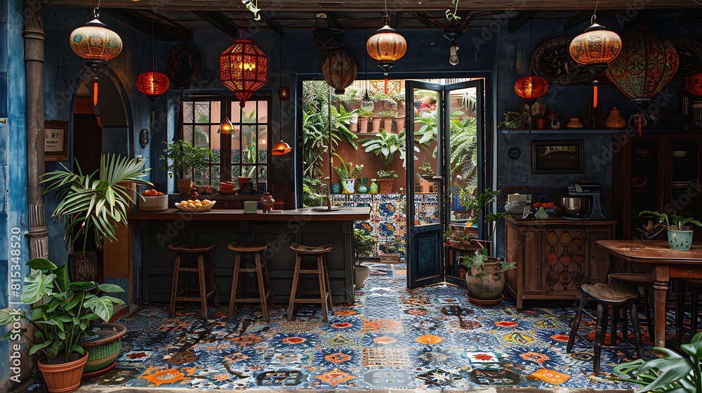 An evening view of an eclectic kitchen with a patchwork of colorful tiles on the floor and ambient lanterns hanging above, creating a cozy glow. An evening view of an eclectic kitchen with a patchwork of colorful tiles on the floor and ambient lanterns hanging above, creating a cozy glow.