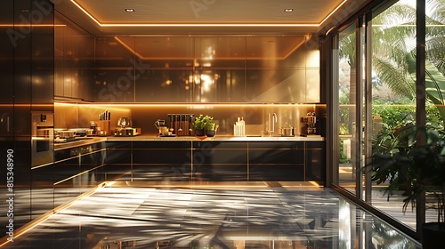 A black and gold kitchen scene at dawn, with the first rays of sun highlighting the gold fittings and casting shadows on black surfaces. photo