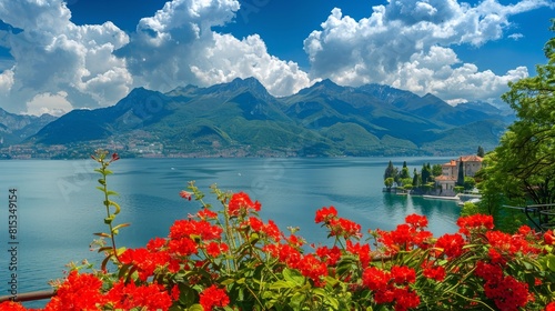 Red flowers and lake view in village big mountain and blue sky --ar 16 9 Job ID  a2553c6e-cf4d-48cc-97b3-73843613db2a